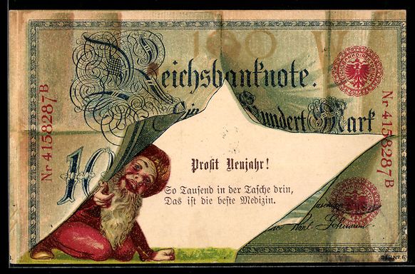 Ansichtskarten: Reichsbanknote über 10 Mark mit Zwerg,  – Gebraucht aus Berlin von bartko-reher