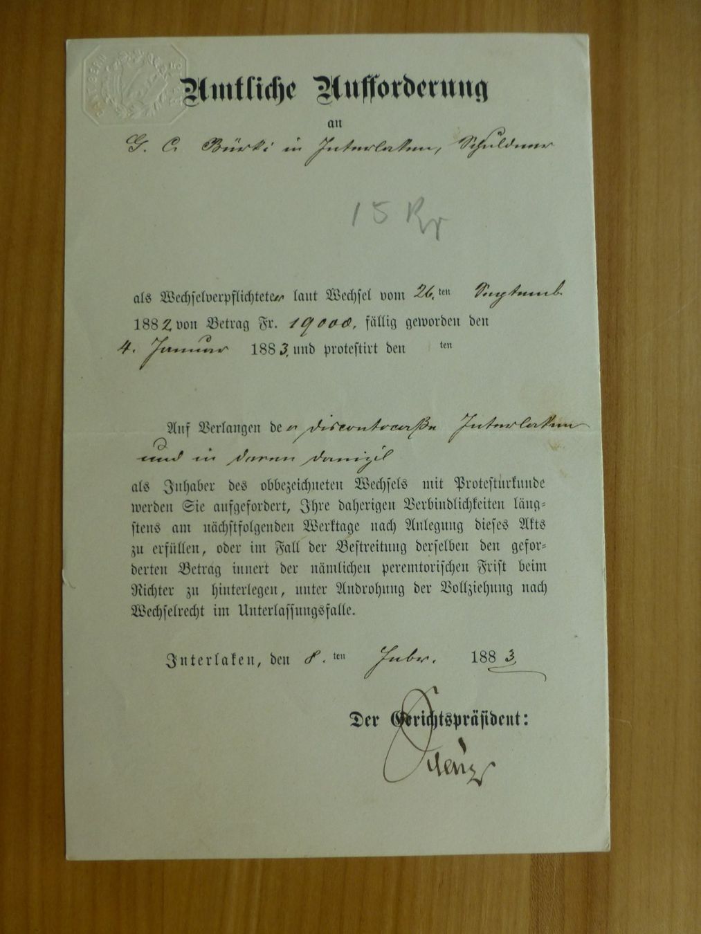 Dokumente: Interlaken, Amtliche Aufforderung 8. September 1883 – Gebraucht aus Bettlach von 1saurer