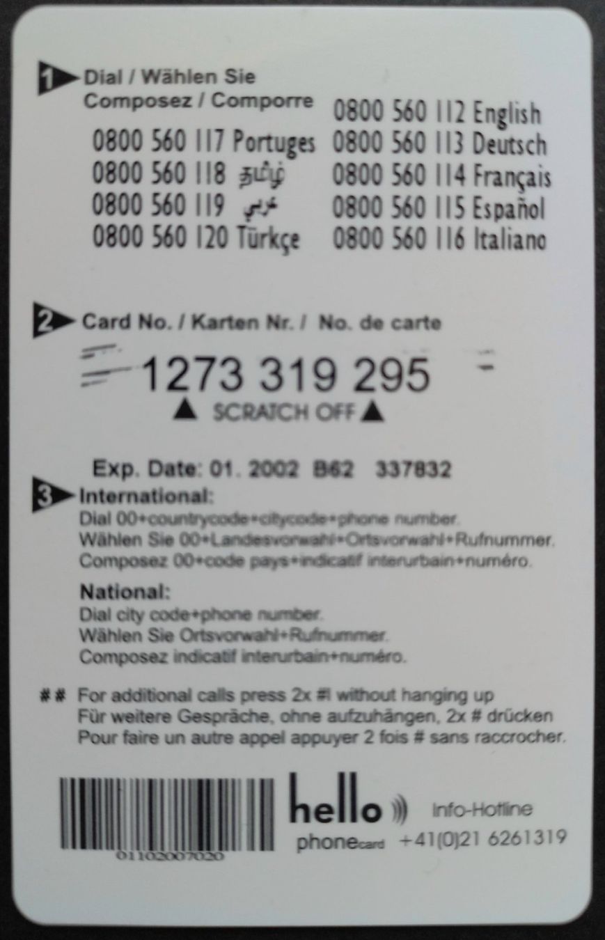 Cartes de téléphone: Taxcard Phonecard - hello 20.-  - CH – D'occasion à Niederuzwil par lubimaja 1