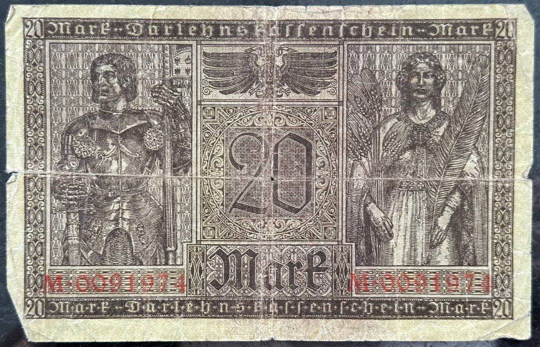 Banconote: Alte 20 Mark Banknote - Darlehenskassenschein, 1918 – Usato da Beringen venduto da Mantafisch1 1