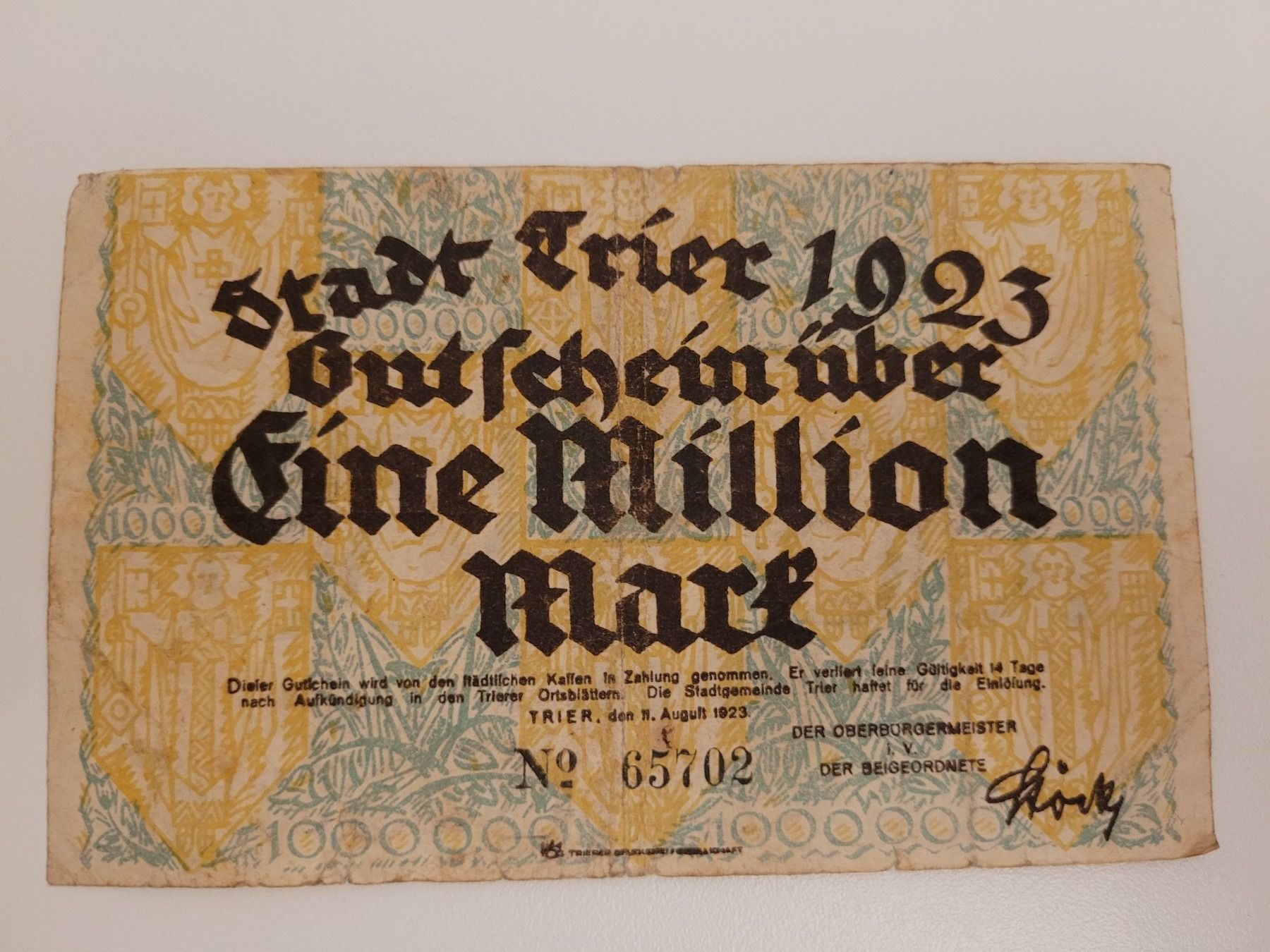 Banknoten: Gutschein über eine Million Mark Trier 1923 – Gebraucht aus Inwil von Flower2325