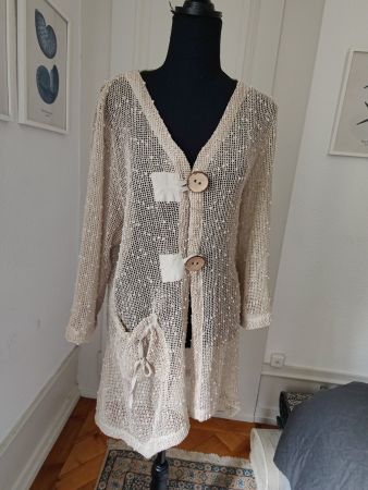 Roman resort crochet linen sequin cardigan jacket beige M