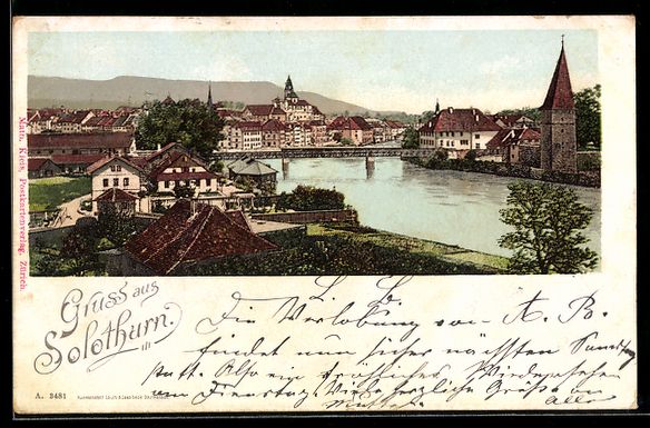 Ansichtskarten: Litho Solothurn, Stadtansicht an der Aar – Gebraucht aus Berlin von bartko-reher
