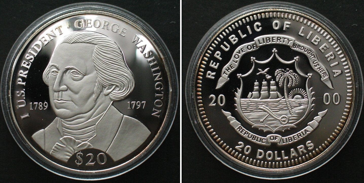 Tutti le monete: LIBERIA 20 Dollars 2000 GEORGE WASHINGTON Silber PP – Usato da Riehen venduto da sesambestcoins2004