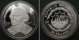 LIBERIA 20 Dollars 2000 GEORGE WASHINGTON Silber PP