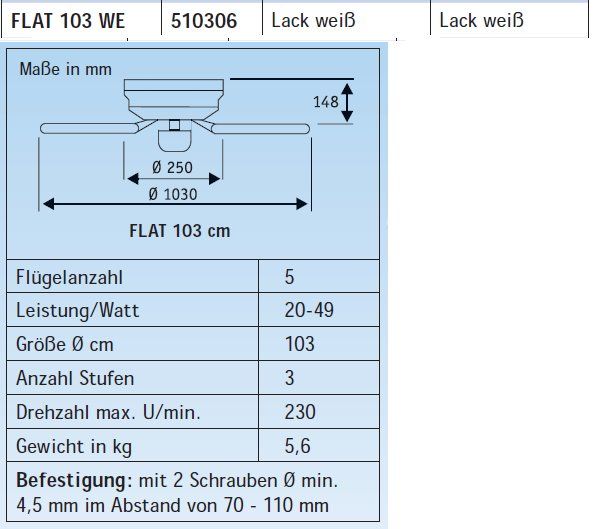 Ventilatori: Deckenventilator Flat 103 WE – Nuovo e nell'imballaggio originale da Zürich venduto da Ventilatoren 1