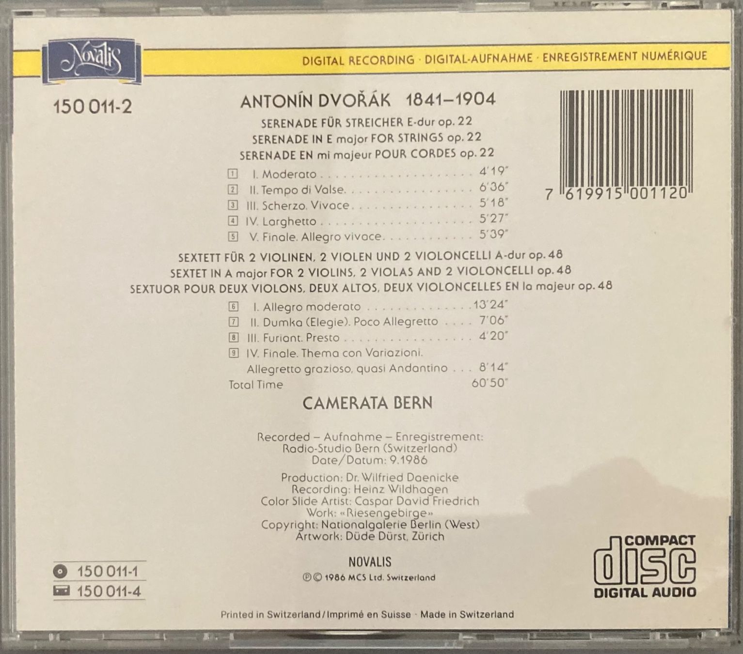 CDs: ANTONIN DVORAK.... - SERENADE E-DUR.... – D'occasion à Poliez-Pittet par Newtown-Records 1