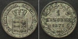 WÜRTTEMBERG 1 Kreuzer 1871 KARL I. Silber ERHALTUNG! vz+