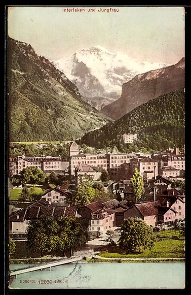 Cartoline postali: AK Interlaken, Ortsansicht mit Jungfrau – Usato da Berlin venduto da bartko-reher