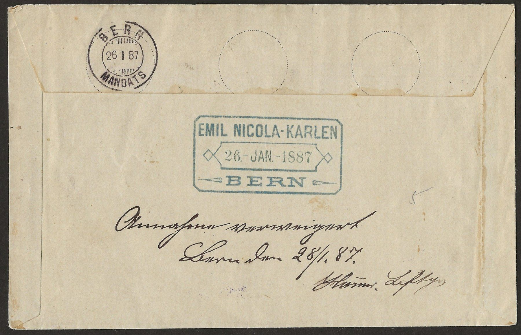 Tutti i francobolli: 1887 Einzugsmandat mit MANDATS Stempel Bern CHARGE +++ – Usato da Müswangen venduto da buyin 1