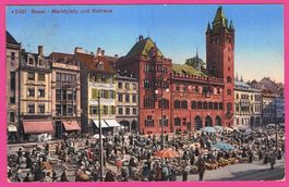 Basel gel 1916 Marktplatz und Rathaus sehr belebt