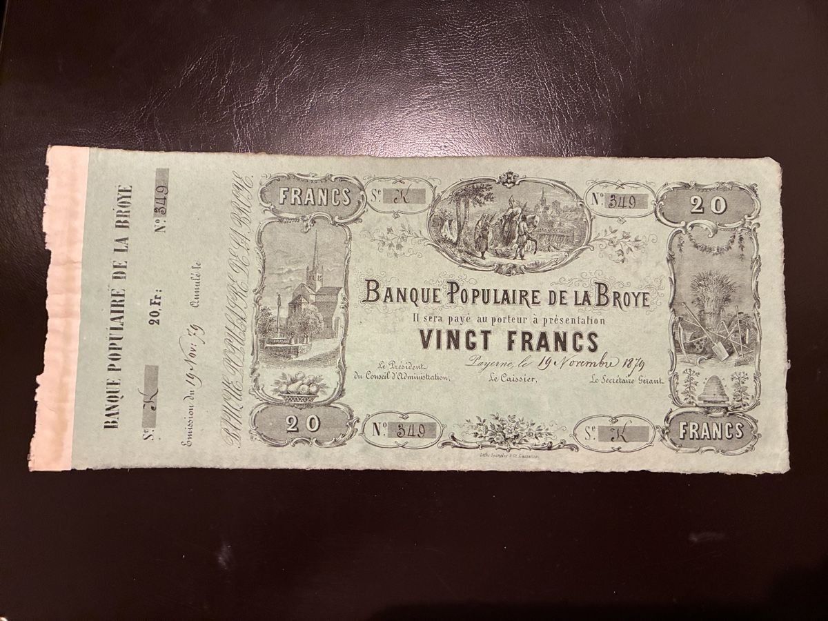 Banconote: 20 Francs 1879 selten bankfrisch  – Nuovo (secondo la descrizione) da Dällikon venduto da Woldbanknoten 1