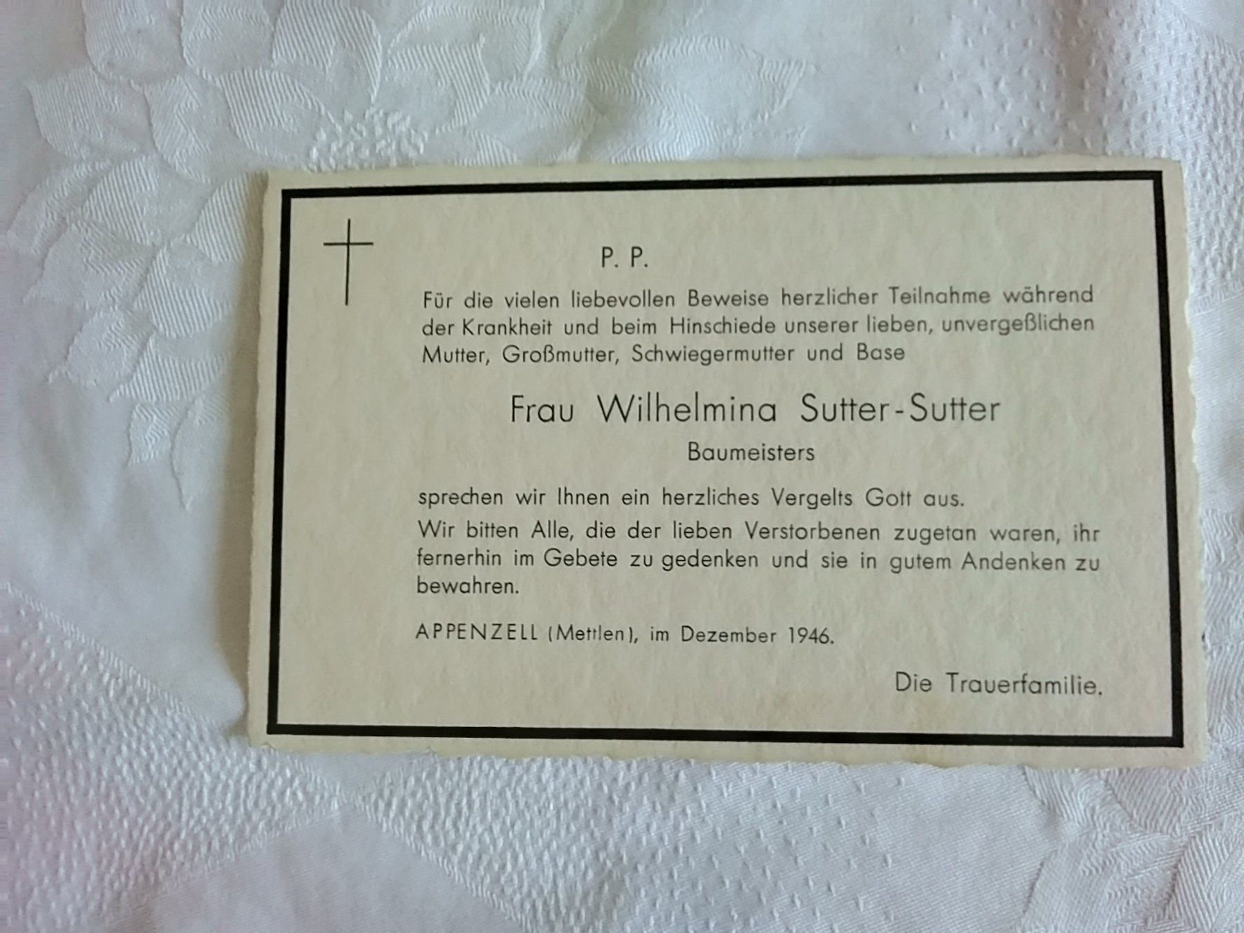 Ansichtskarten: Trauerkarten Wilhelima + Josef Anton Sutter Appenzell – Gebraucht aus Appenzell von lama19 1