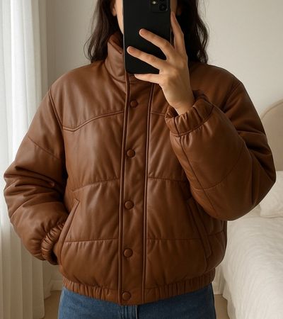 Veste bomber blouson hiver Zara effet cuir marron, taille S