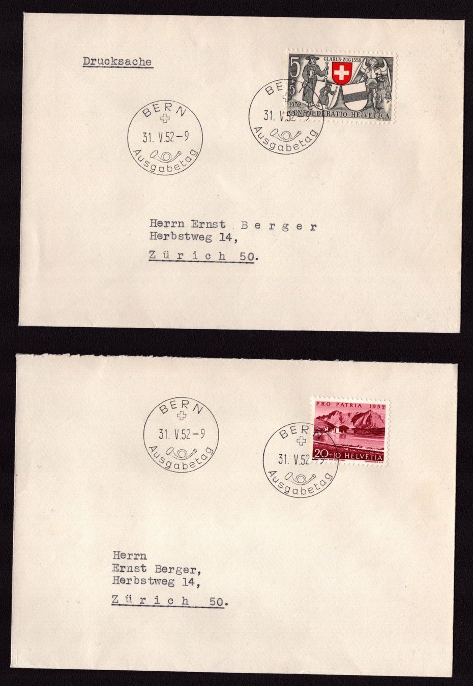 Tutti i francobolli: 2x FDC 1952 5ct + 20ct – Usato da Delémont venduto da Silte
