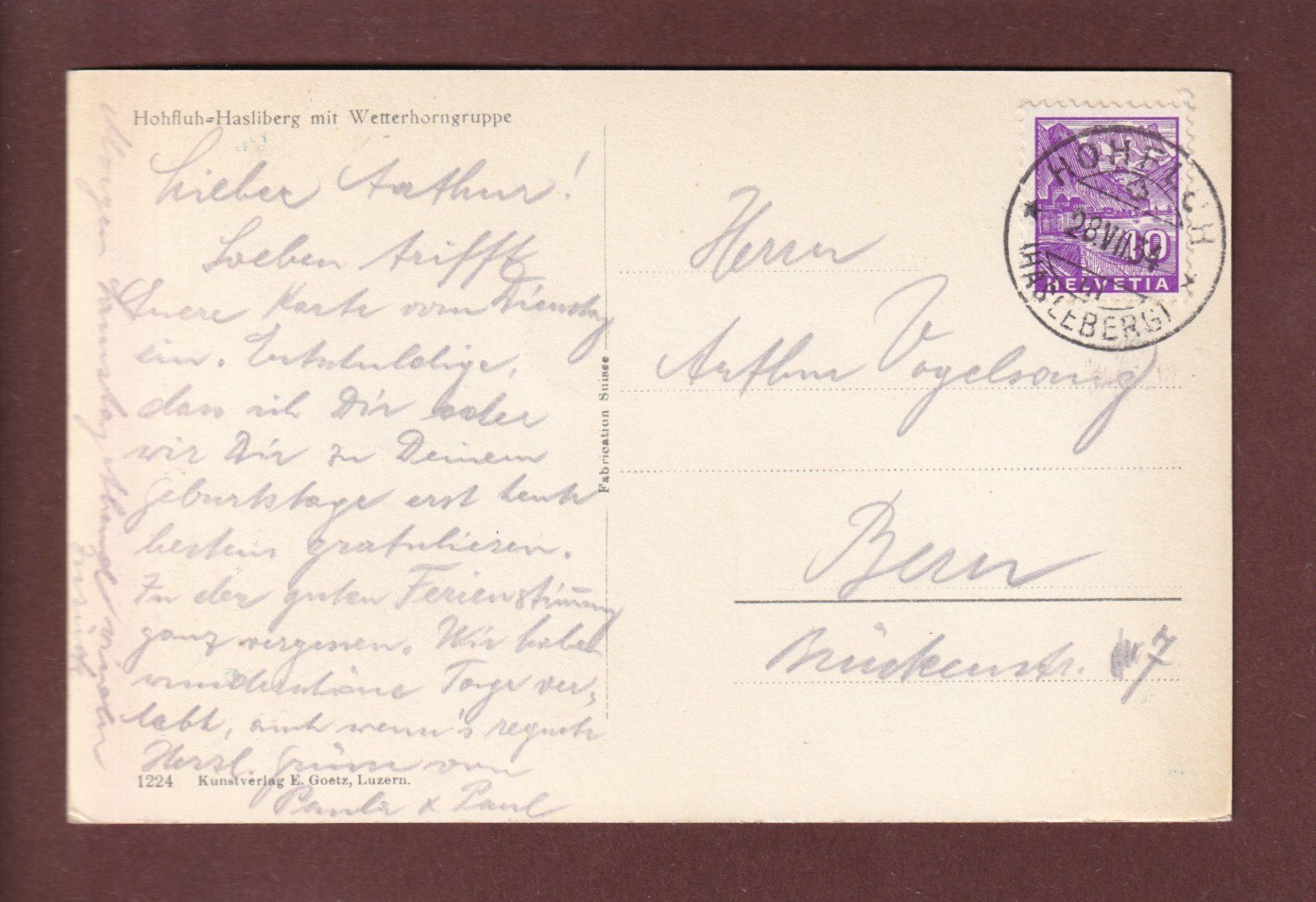 Cartoline postali: HOHFLUH-HASLIBERG - 1934 – Usato da Pully venduto da nicecards 1