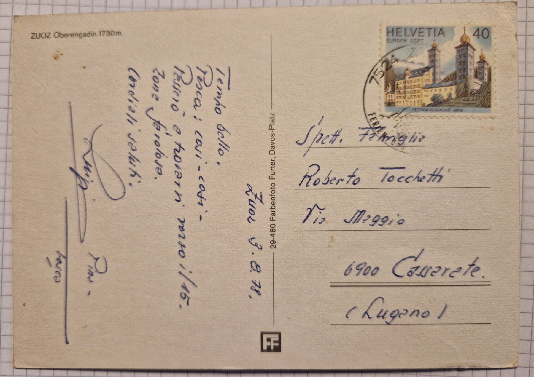 Cartoline postali: Zuoz Engadin 1978 – Usato da Melchnau venduto da Fishel 1