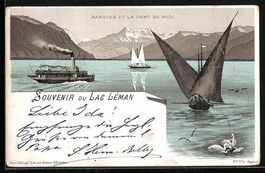 Litho Lac Léman, Barques et la Dent du 