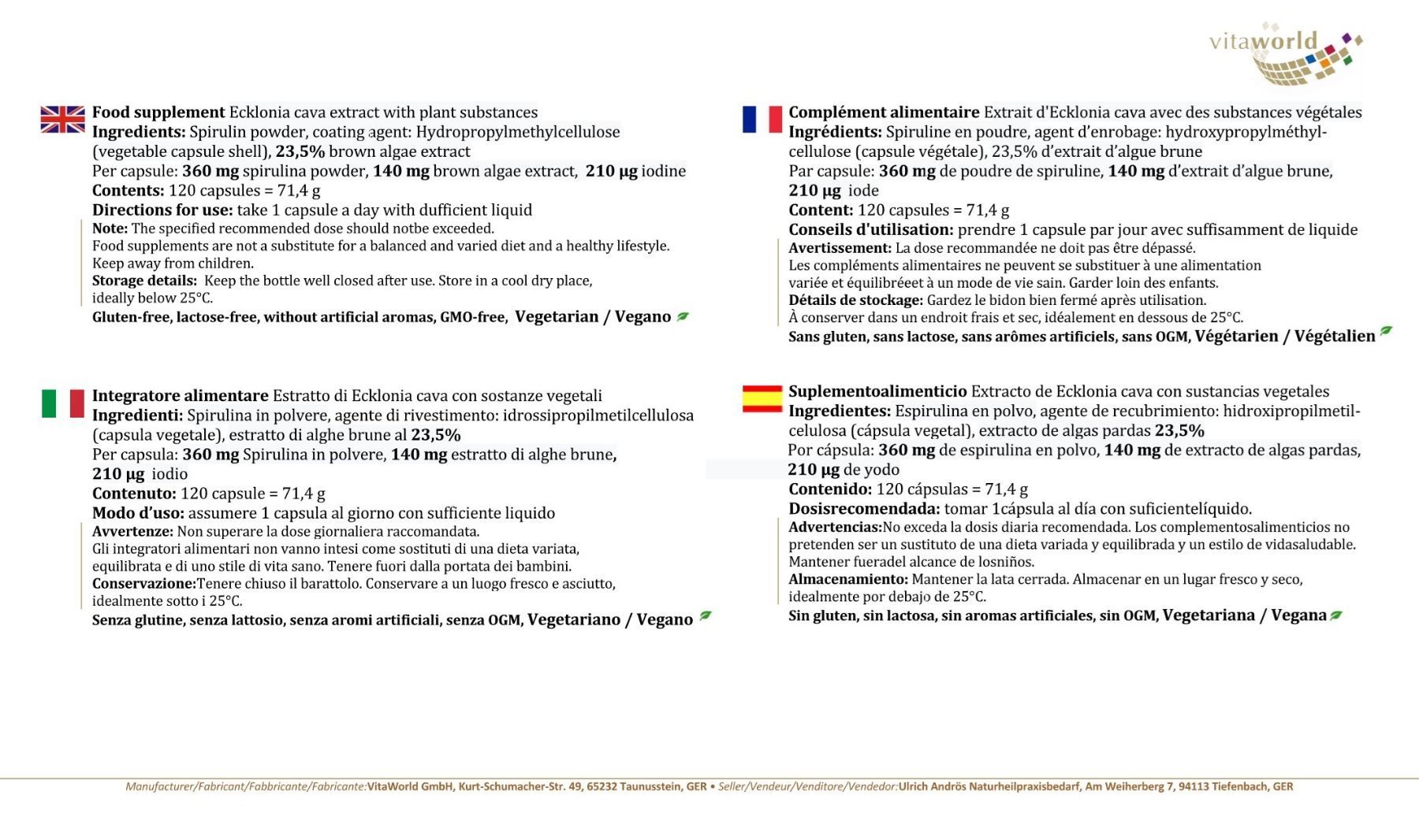 Alimentazione, Vitamine & Minerali: Ecklonia Cava 50mg + Spirulina 120 Kaps. – Nuovo e nell'imballaggio originale da Tiefenbach venduto da nhp-bedarf 2