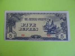 Banknote 5 Rupees, Japanische Besatzung, gebraucht