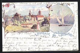 Lausanne, Ortsansicht und Segelboot auf 