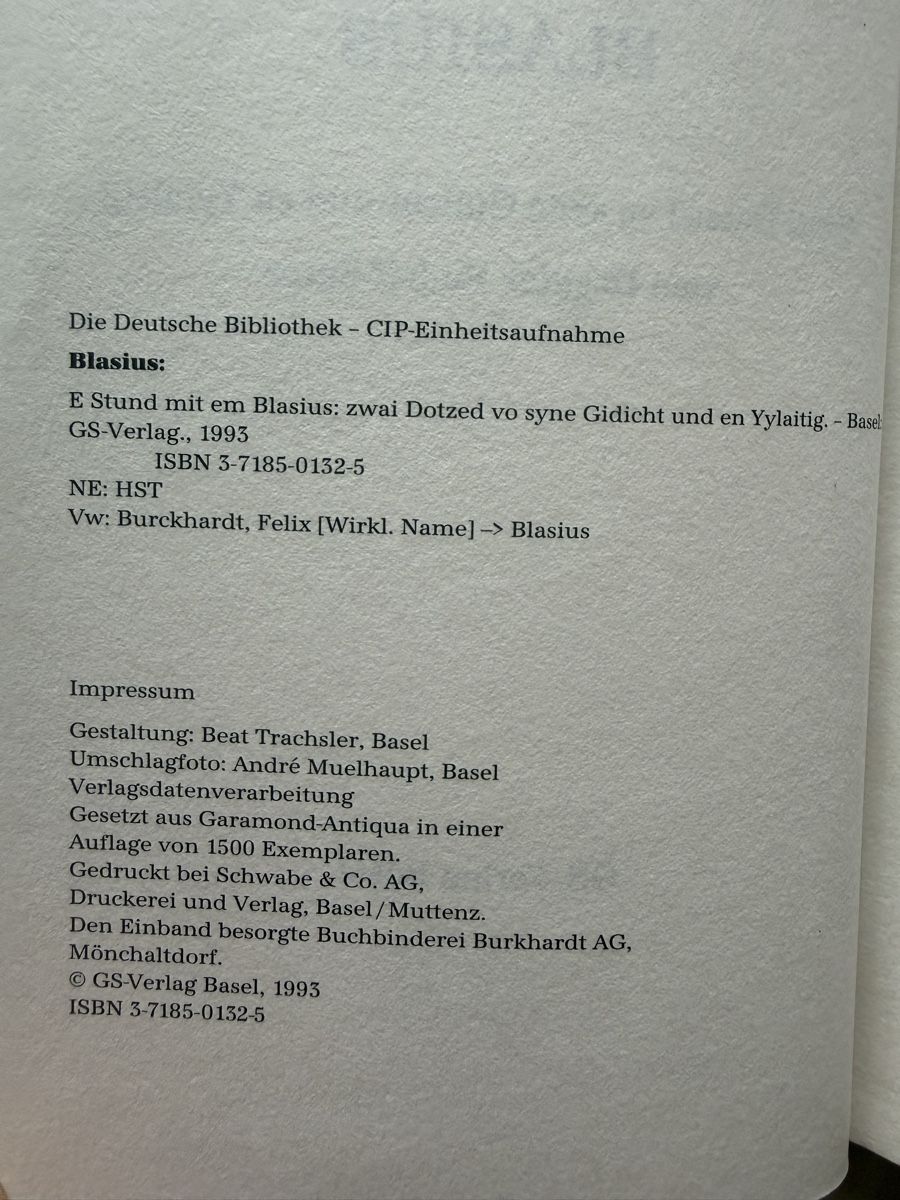 Libri: Buch E Stund mit em Blasius GS-Verlag Basel 1993 – Usato da Basel venduto da Cora3 3