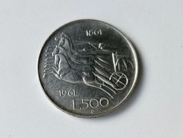 Pièce argent de 500 Lires -100 ans de l'unité italienne 1961