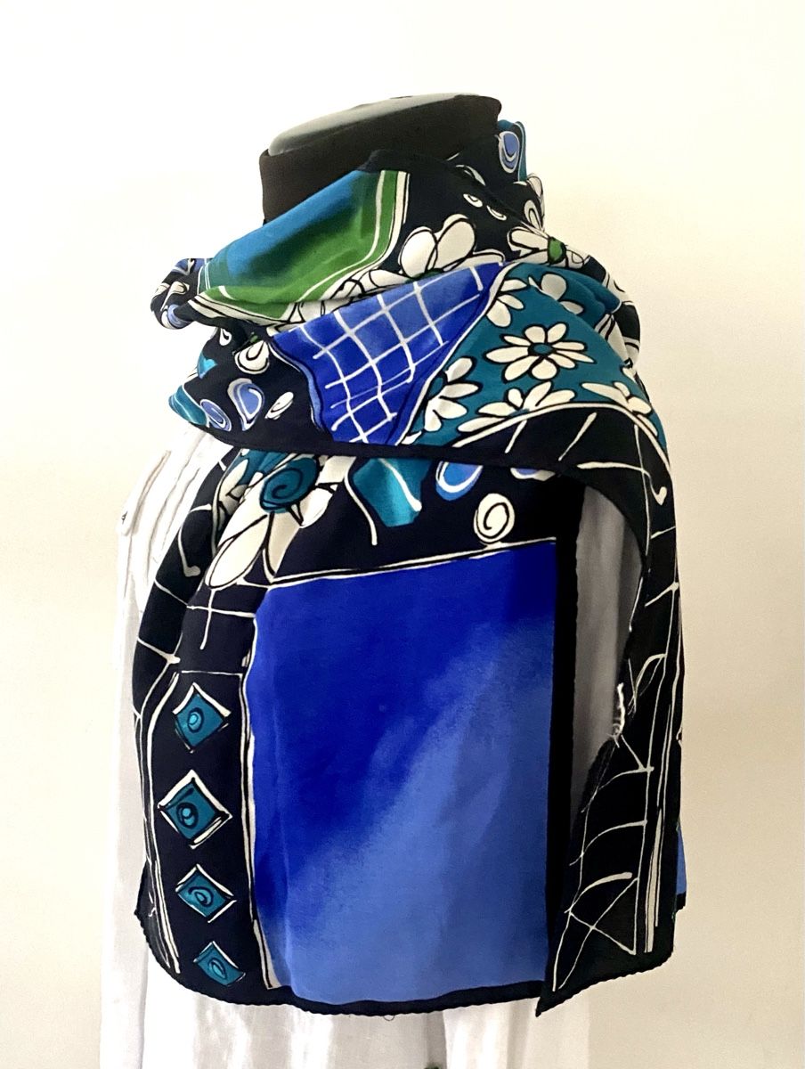 Foulards & écharpes: Künstlerischer Seidenschal Patchwork Blumen Blau 27x145cm – D'occasion à Jona par Flamingoo 4