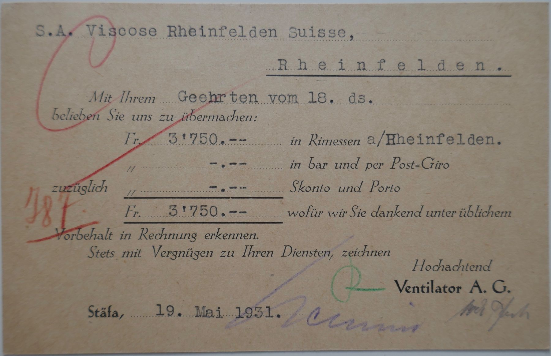 Cartoline postali: 1931, Illustrierte Postkarte Ventilator AG Stäfa – Usato da Möhlin venduto da PHILABARTIS 1