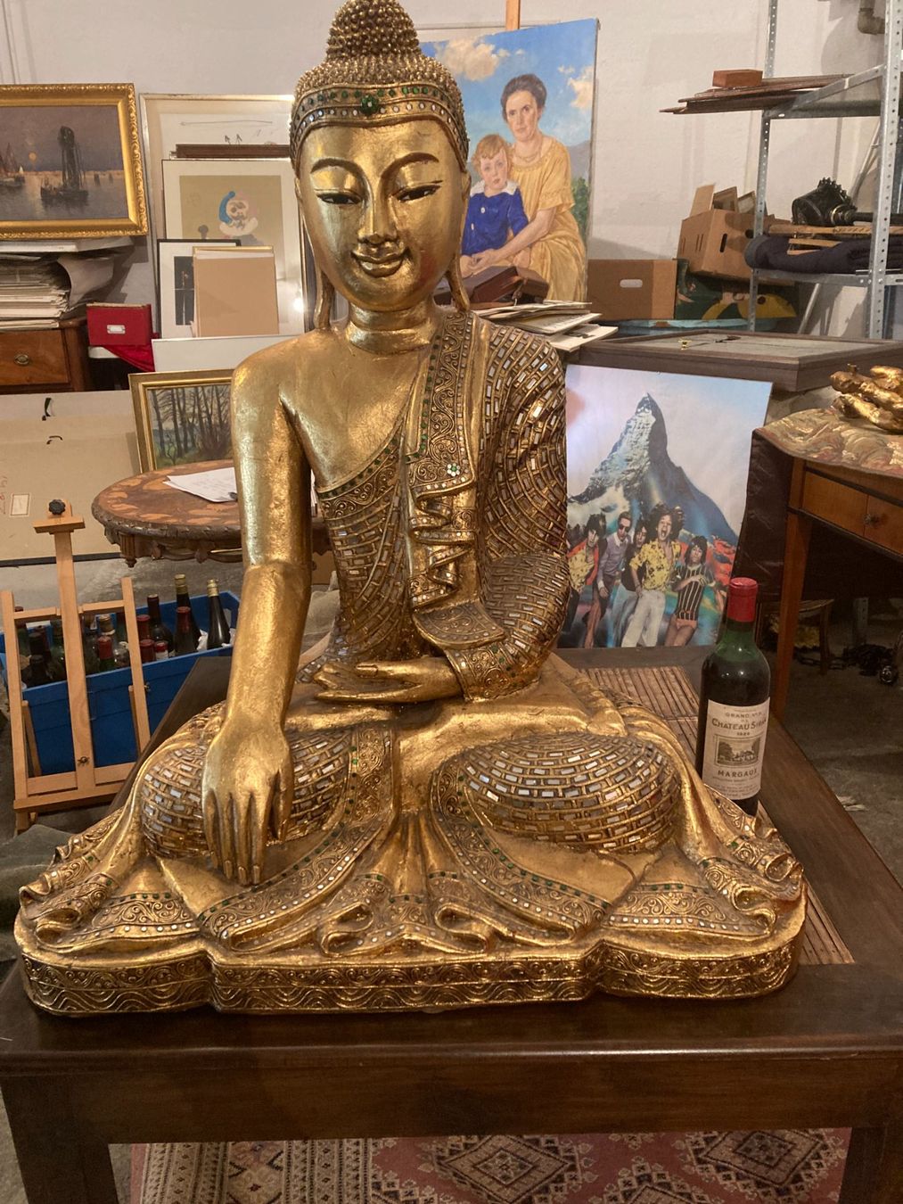 Sculture & Statue: Buddha, Holz geschnitzt, sitzend, goldfarben mit Glassteinen – Usato da Luzern venduto da rup_r6cz