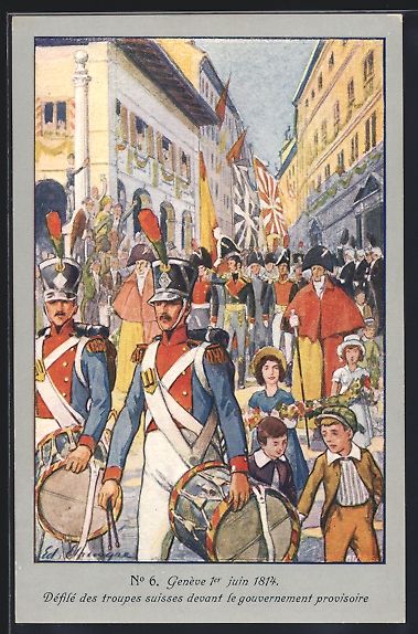 Cartoline postali: Geneve, Défilé des troupes suisses dev – Usato da Berlin venduto da bartko-reher