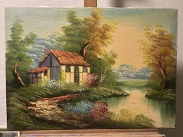 Ölgemälde auf Leinwand – idyllische Landschaft mit Haus