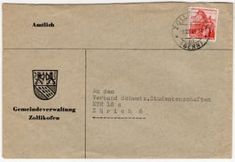 ZOLLIKOFEN auf frankiertem Amtsbrief der Gemeindeverwaltung