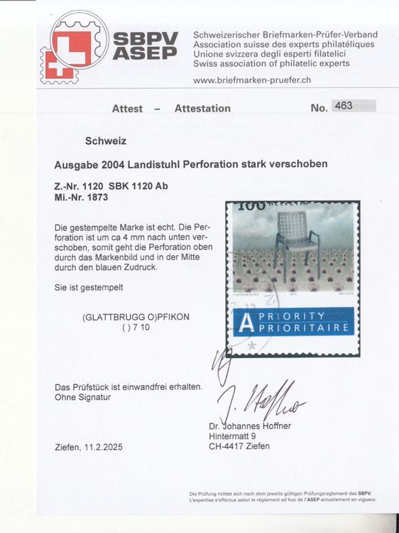 Tutti i francobolli: SBK 1120.Ab. Landistuhl gest. mit Attest, Kat. 2'000.- / LP – Usato da Bürglen TG venduto da StampGraf 2