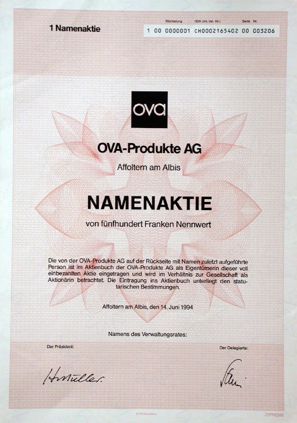 Documenti: OVA-Produkte AG, Affoltern - 1994 – Usato da Solothurn venduto da Sgasche