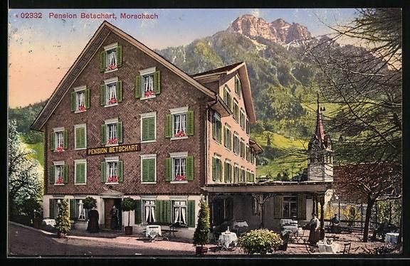 Cartoline postali: AK Morschach, Pension Betschart, Kirche – Usato da Berlin venduto da bartko-reher