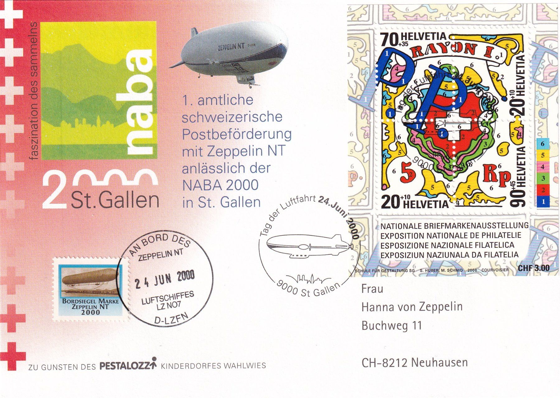 Tutti i francobolli: Erste Postbeförderung Zeppelin NT NABA 2000 St. Gallen – Usato da Baar venduto da Asmara111