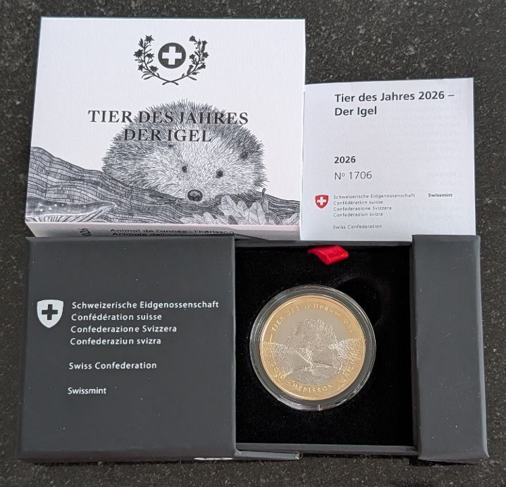 Alle Münzen: 10 Franken 2026 pp Tier des Jahres Igel Box – Neu und originalverpackt aus Arch von moneyswiss