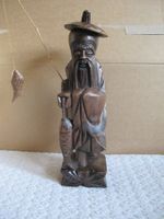Holzfigur Fischer mit Fisch, Asiatische Handwerkskunst 35 cm