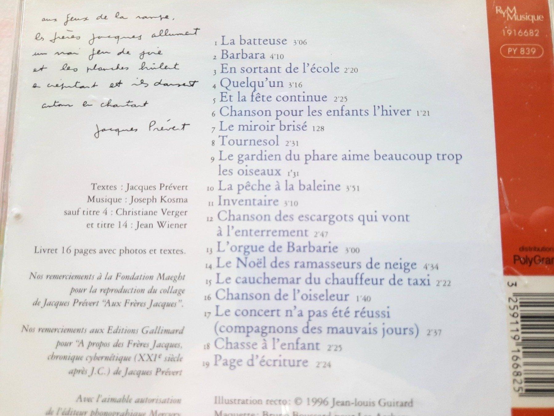 CDs: Cd Les frères Jacques chantent Jacques Prévert – D'occasion à Pully par bro_n52j 2
