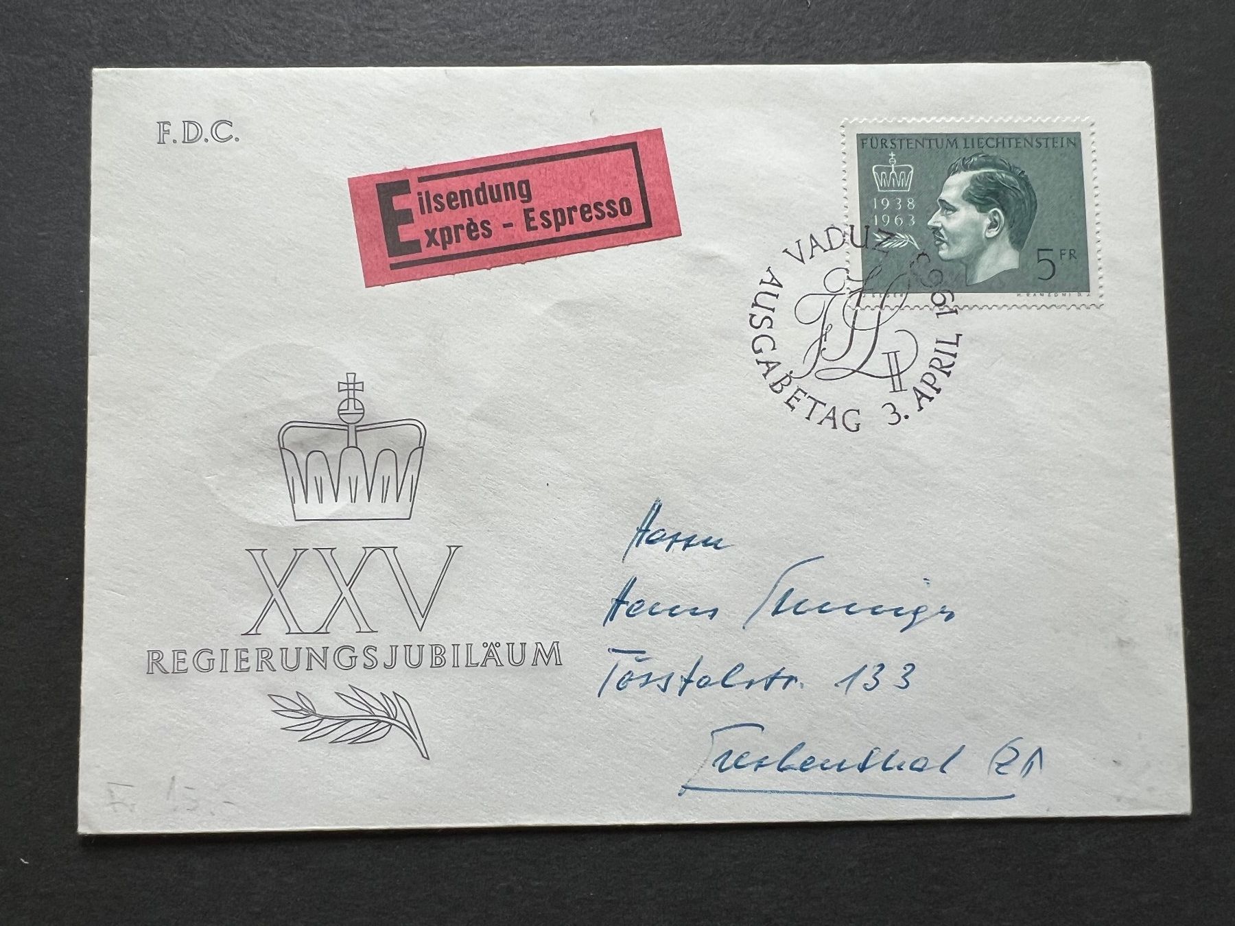 Tutti i francobolli: FDC Liechtenstein 1963   (M56) – Usato da Hinwil venduto da Sidi4