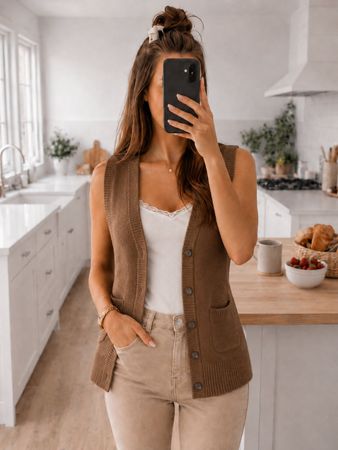 Elegante lange Strickweste Braun mit Knöpfen & Taschen