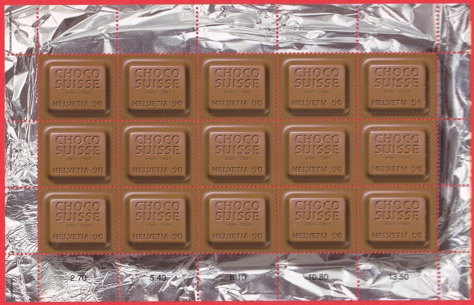 Tutti i francobolli: 2001 CHOCO  SUISSE  Kleinbogen   15x 90Rp. **  Postfrisch ** – Nuovo (secondo la descrizione) da Adliswil venduto da Aenti