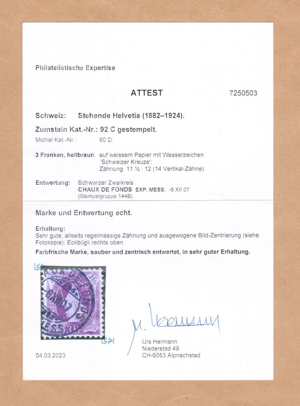 Tutti i francobolli: St.Helvetia Nr.92C - Attest Hermann – Usato da Bern venduto da peri02 2