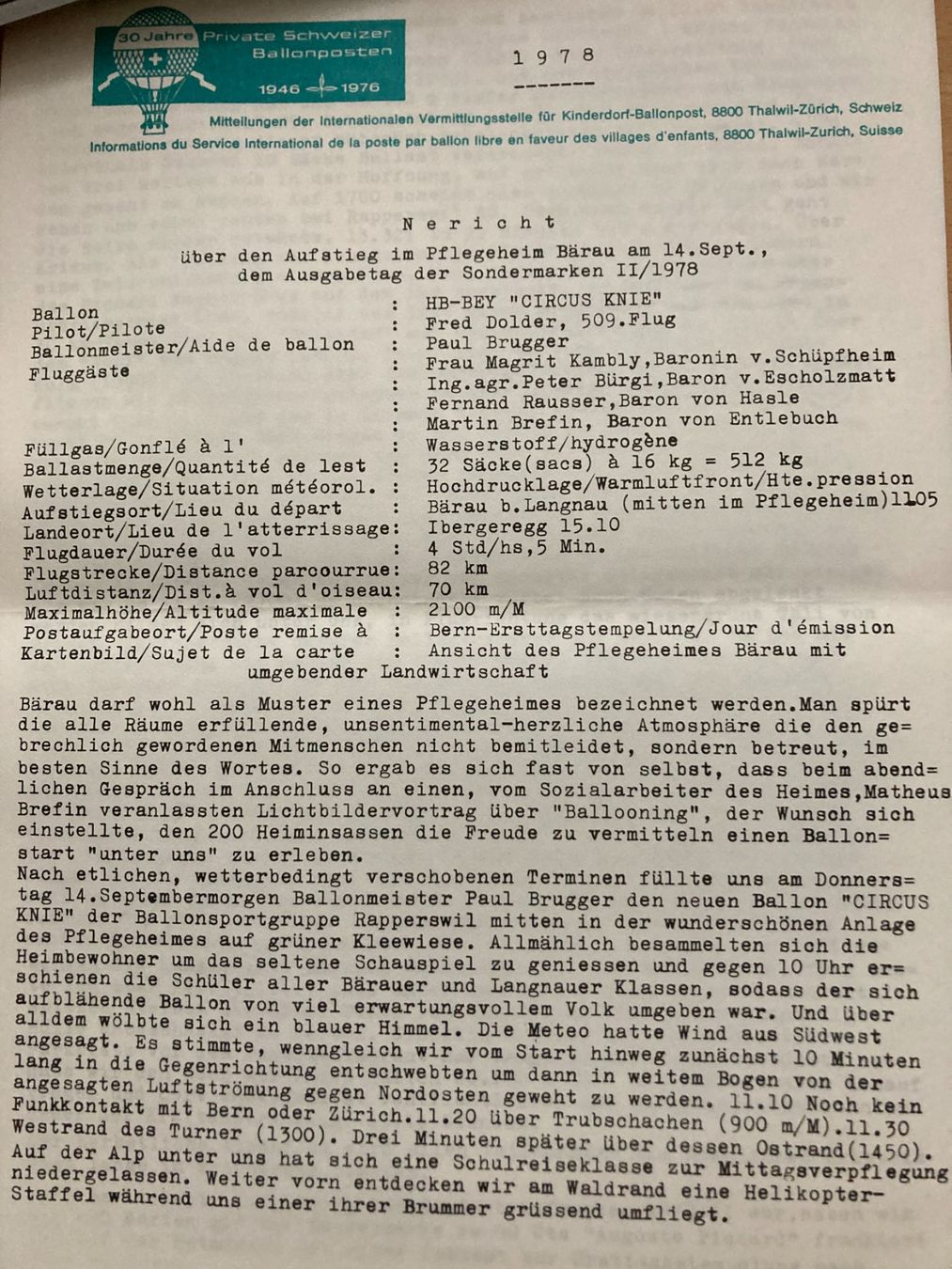Documenti: Schweiz 1978 7 Berichte Private Ballonposten – Nuovo (secondo la descrizione) da Liestal venduto da schnueps 3
