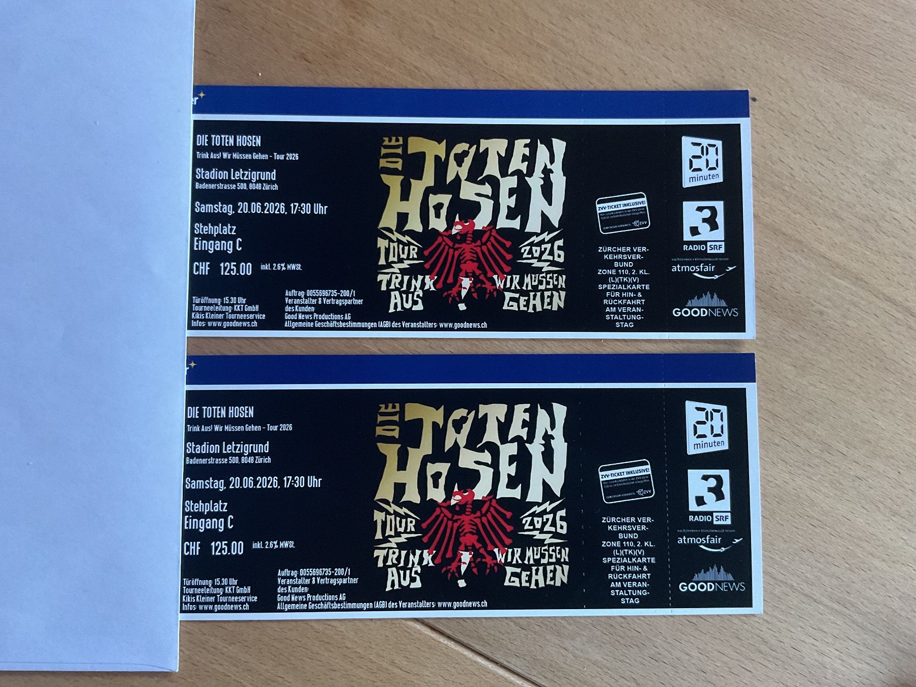 Biglietti: Die Toten Hosen Stehplatztickets – Nuovo (secondo la descrizione) da Dietlikon venduto da binchenZH