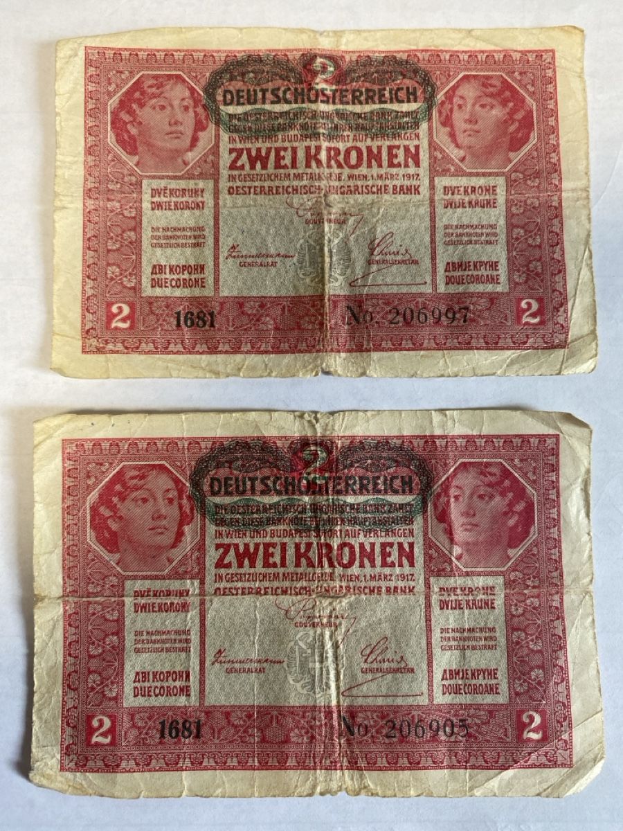 Banconote: 2 Kronen Banknote Deutschösterreich 1917 2 Stk. – Usato da Mörschwil venduto da Marcel4201