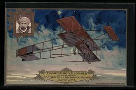 L'Aviateur Roger Sommer sur Biplan Farma