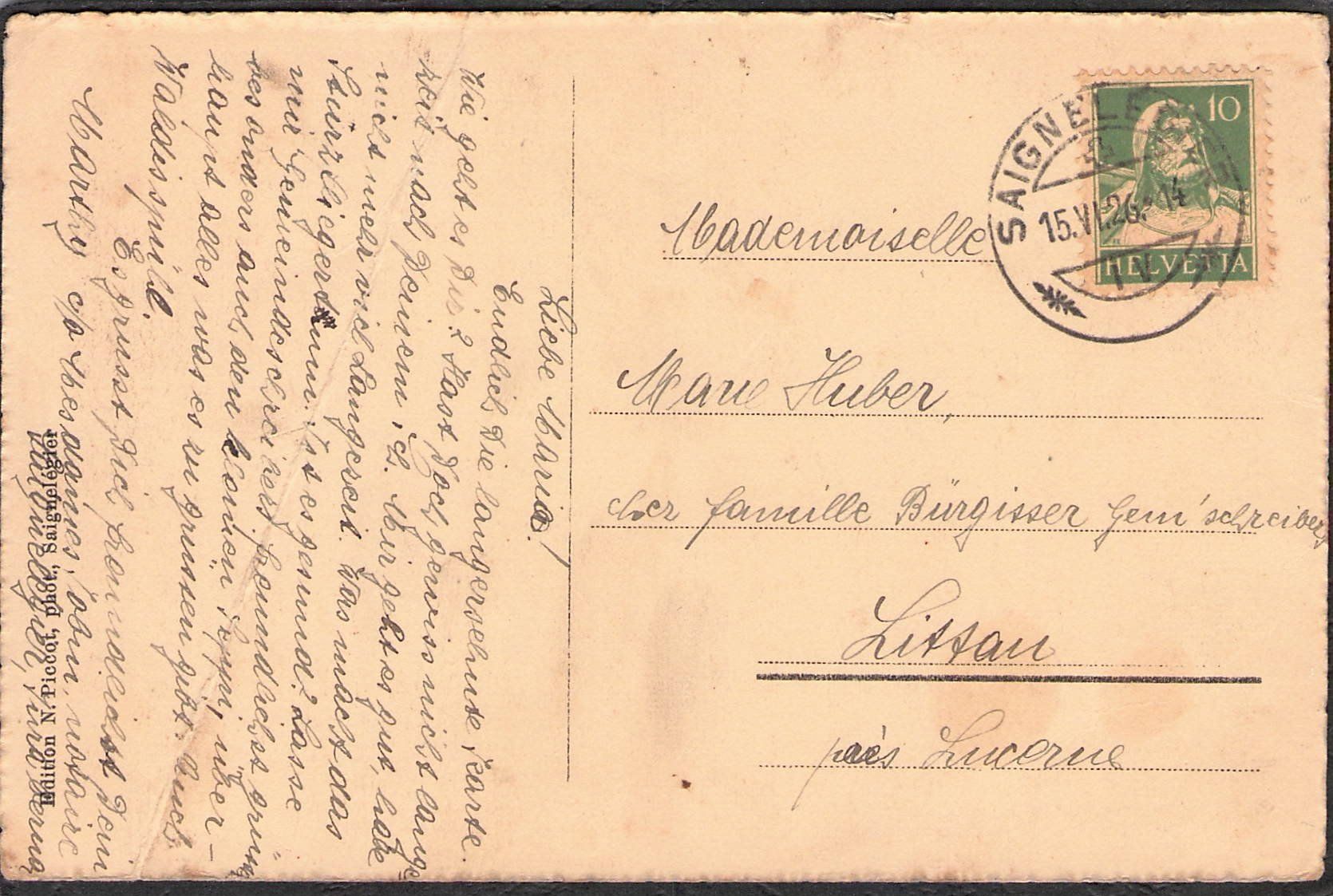 Ansichtskarten: ^Saignelégier , Route de Tramelan ,1926 – Gebraucht aus Reichenburg von Pipo-67 1