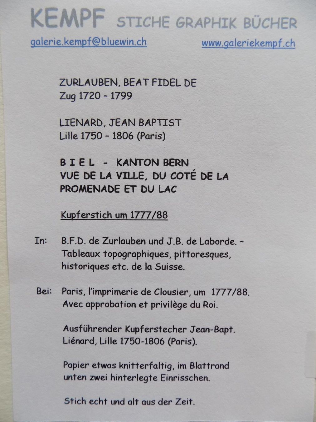 Incisioni: Bienne Biel Bielersee Kupferstich – Usato da Risch venduto da Antikfee 9